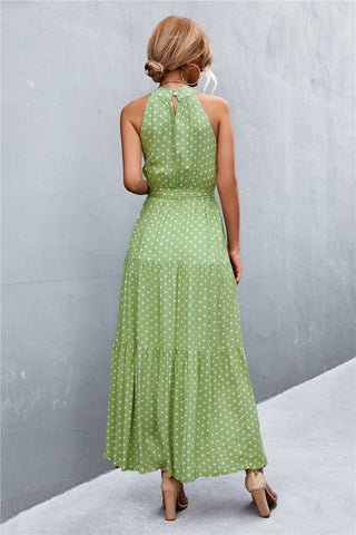 Let Me Remind You Printed Maxi Dress - green polka dot maxi dress with halter neck and tie waist. #Firefly Lane Boutique1