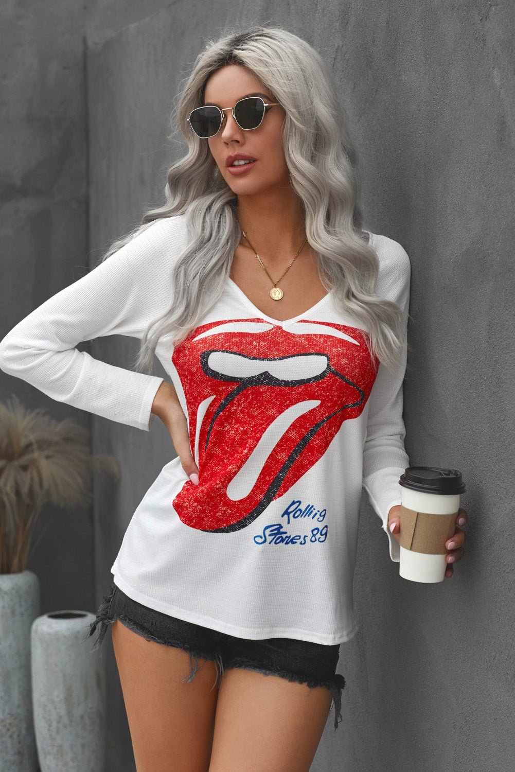 Lips Graphic T-Shirt - V-neck - Womens Long Sleeve - Casual Style -#Firefly Lane Boutique1