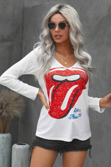 Lips Graphic T-Shirt - V-neck - Womens Long Sleeve - Casual Style -#Firefly Lane Boutique1