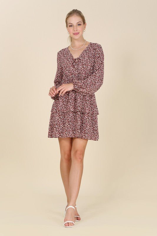 Long Sleeve Casual Spring Dresses for Women floral print mini dress with smocked waist and tie front. #Firefly Lane Boutique1