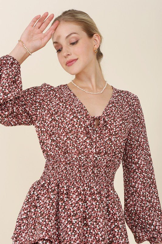 Long Sleeve Casual Spring Dresses for Women floral print mini dress with v neck and tie front. #Firefly Lane Boutique1