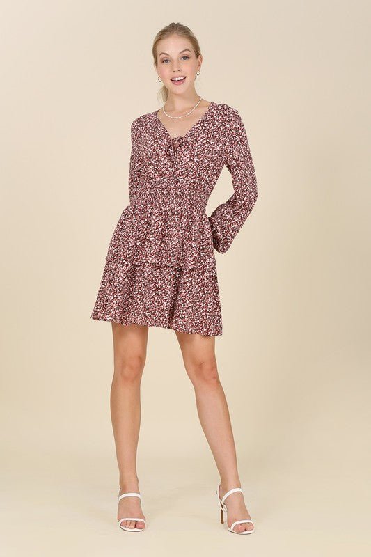 Long Sleeve Casual Spring Dresses for Women floral print mini dress with smocked waist and tie front. #Firefly Lane Boutique1