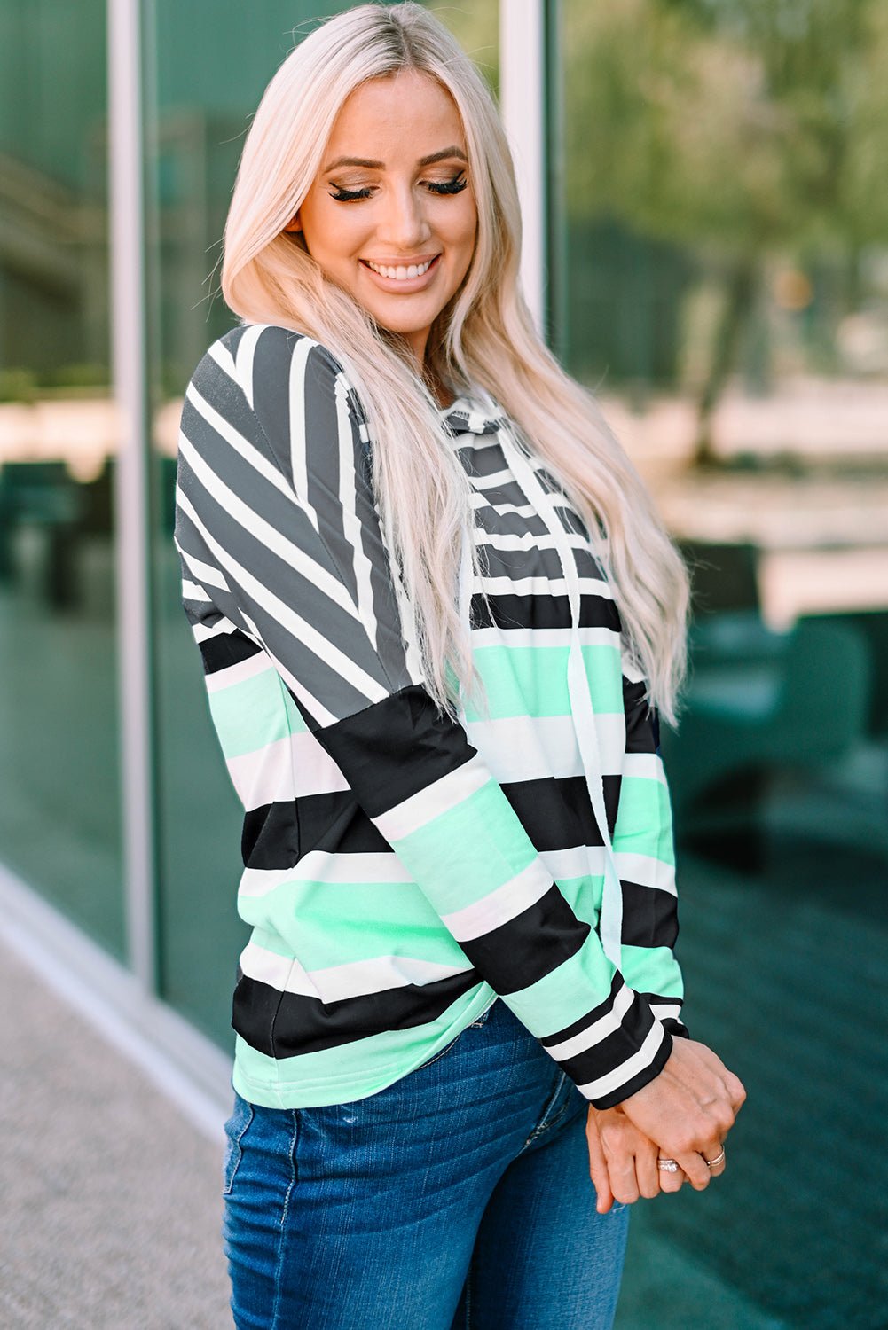 Long Sleeve T Shirt With Hoodie - green striped hoodie with drawstring pullover hoodie. #Firefly Lane Boutique1