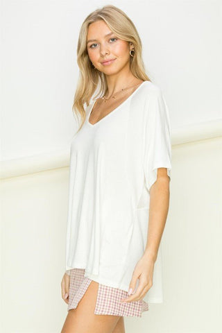 Mellow Mode Essential Oversized T-Shirt  white v-neck tshirt that is short sleeved and oversized #Firefly Lane Boutique1