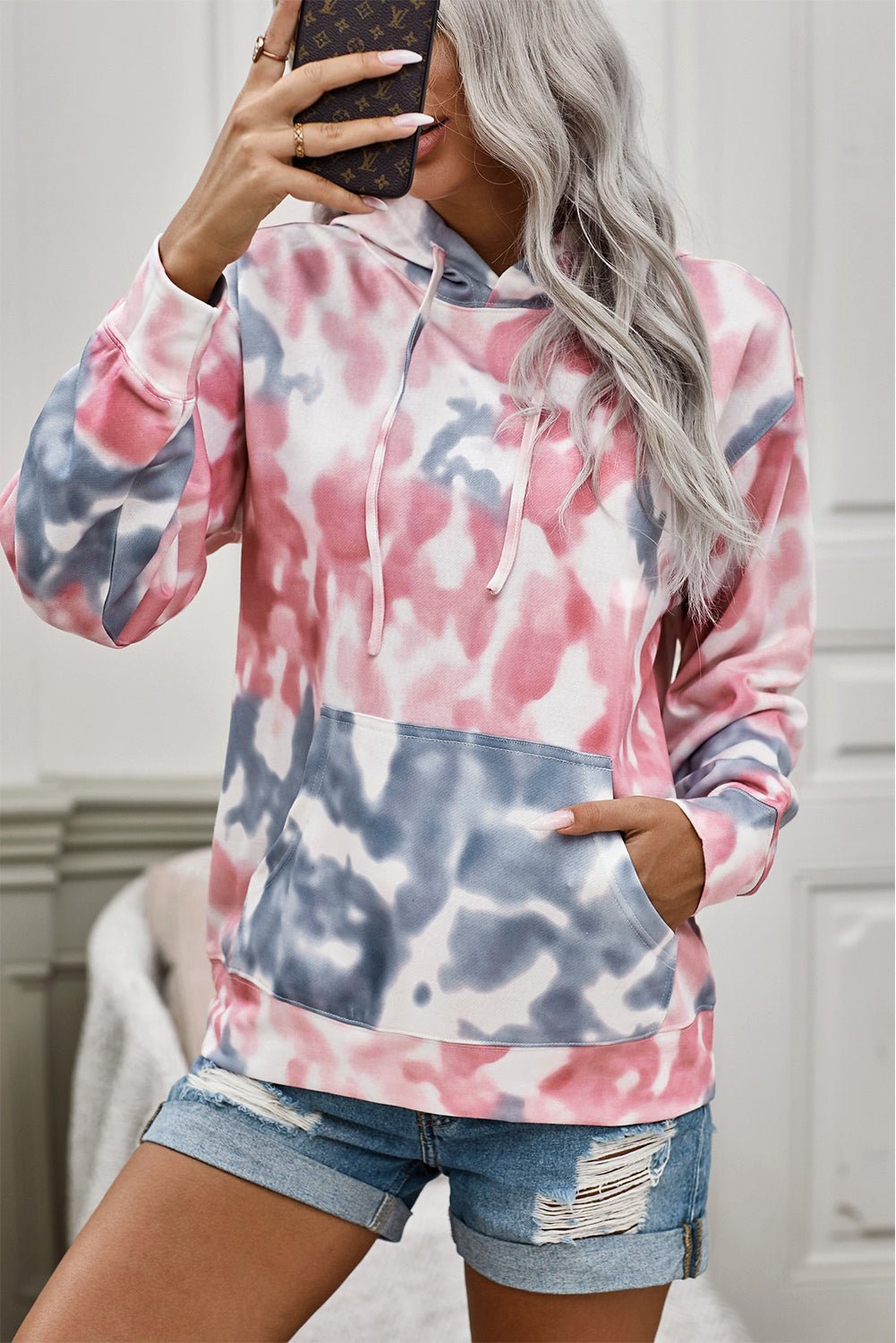 Multicolor Hoodie with Drawstring - a pullover style hoodie with tie dye pink and gray and pockets #Firefly Lane Boutique1