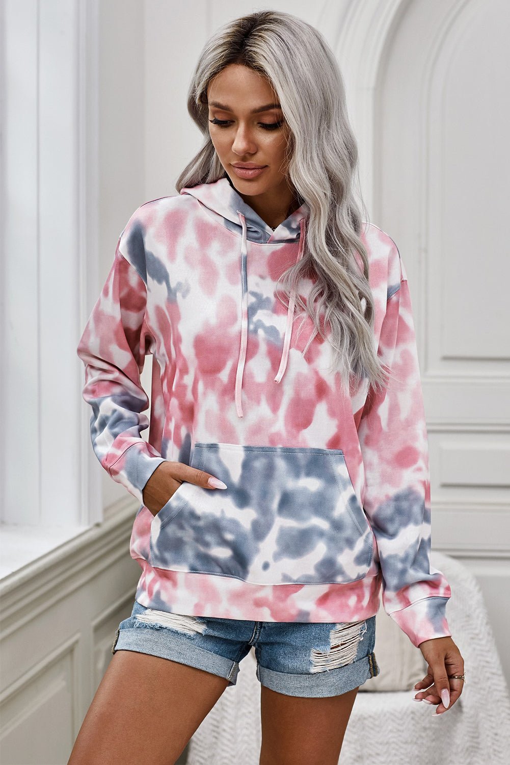 Multicolor Hoodie with Drawstring - a pullover style hoodie with tie dye pink and gray and pockets #Firefly Lane Boutique1