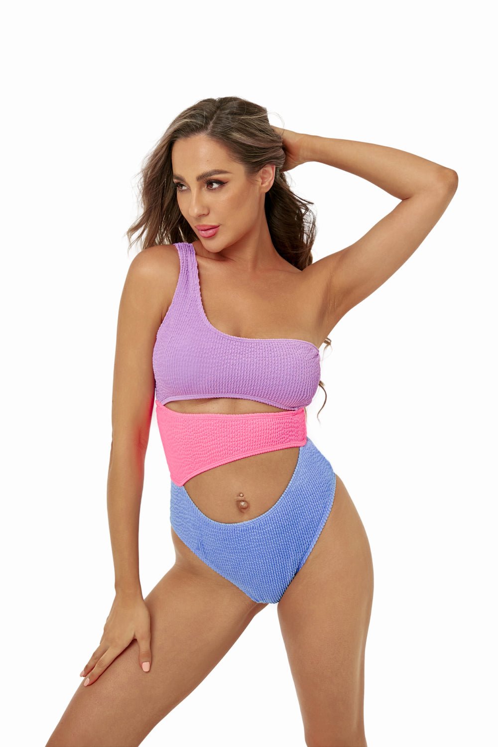Caribbean Color Block One-Piece Swimsuit -one shoulder one piece swimsuit with cutout stomach. #Firefly Lane Boutique1