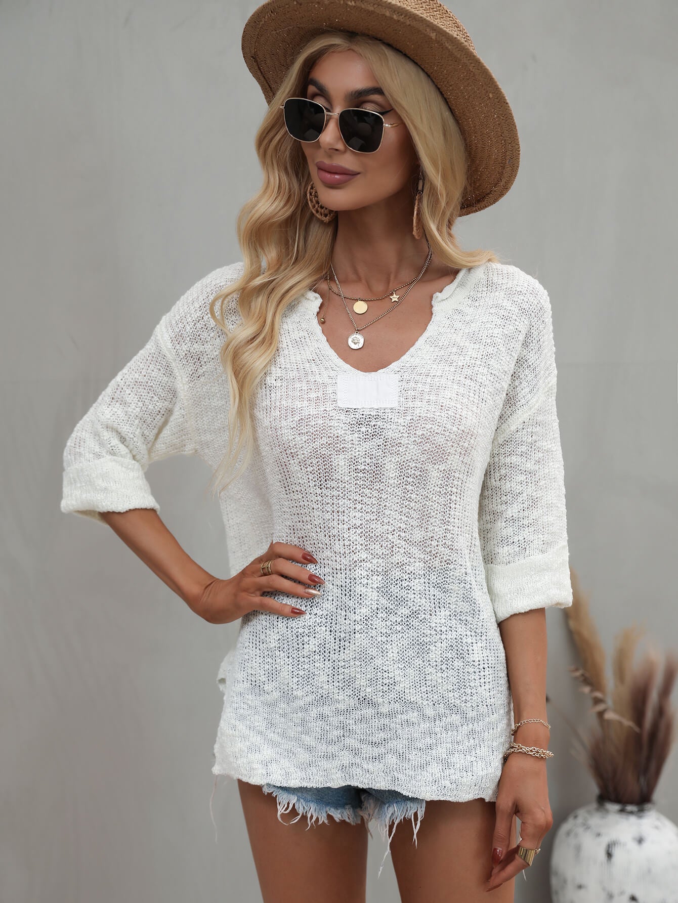 Side Slit Drop Sweater - Womens white sweater with notched v neckline. #Firefly Lane Boutique1