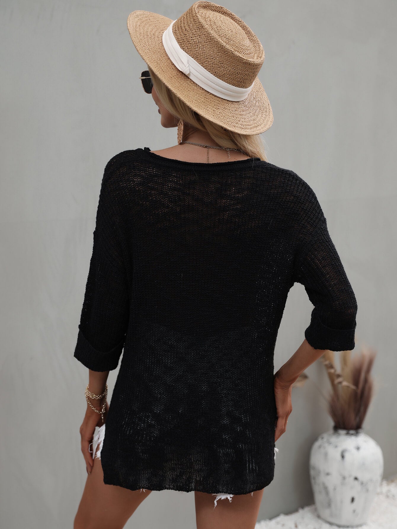Side Slit Drop Sweater - Womens black sweater with notched v neckline. #Firefly Lane Boutique1