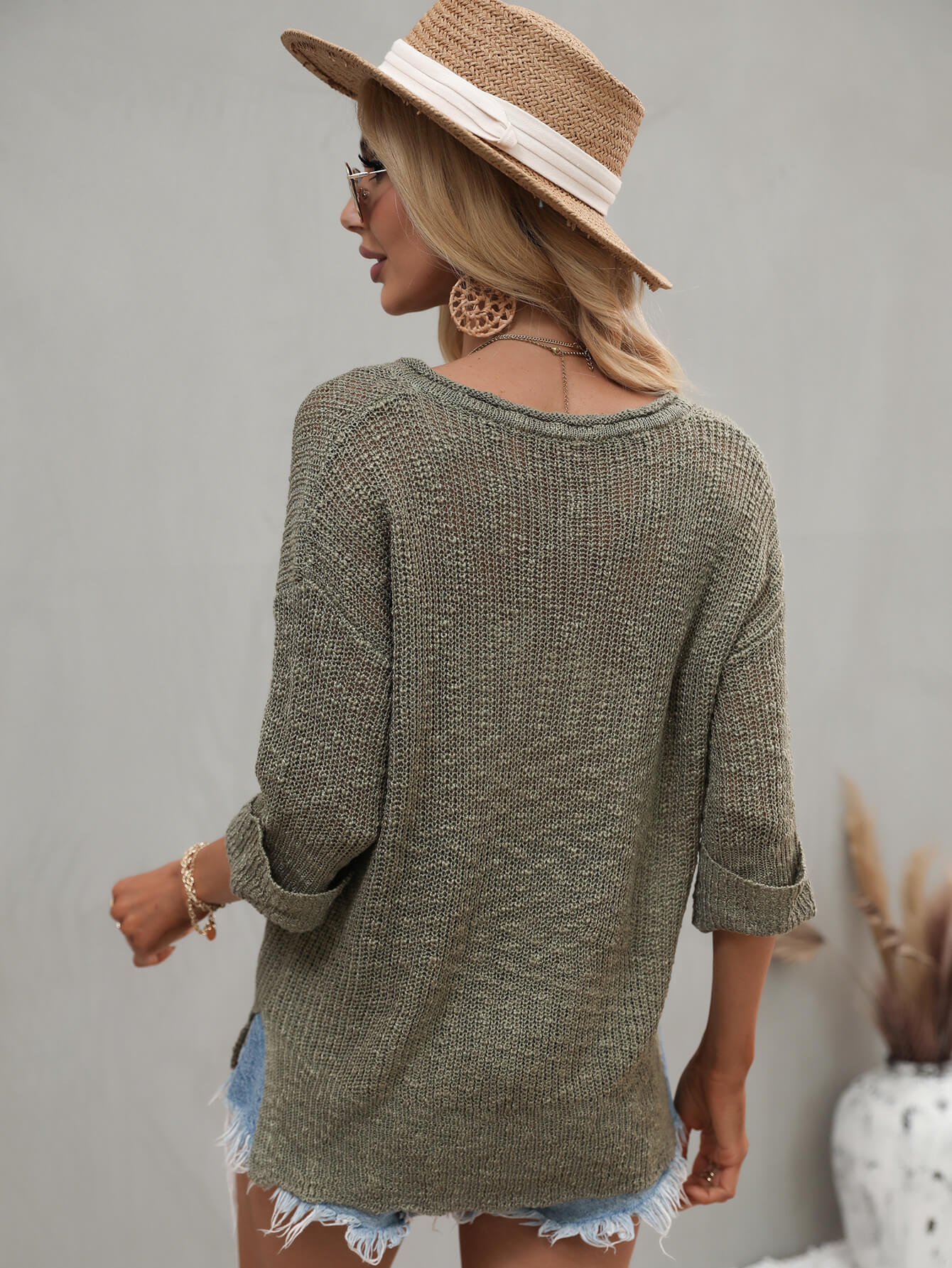 Side Slit Drop Sweater - Womens green sweater with notched v neckline. #Firefly Lane Boutique1