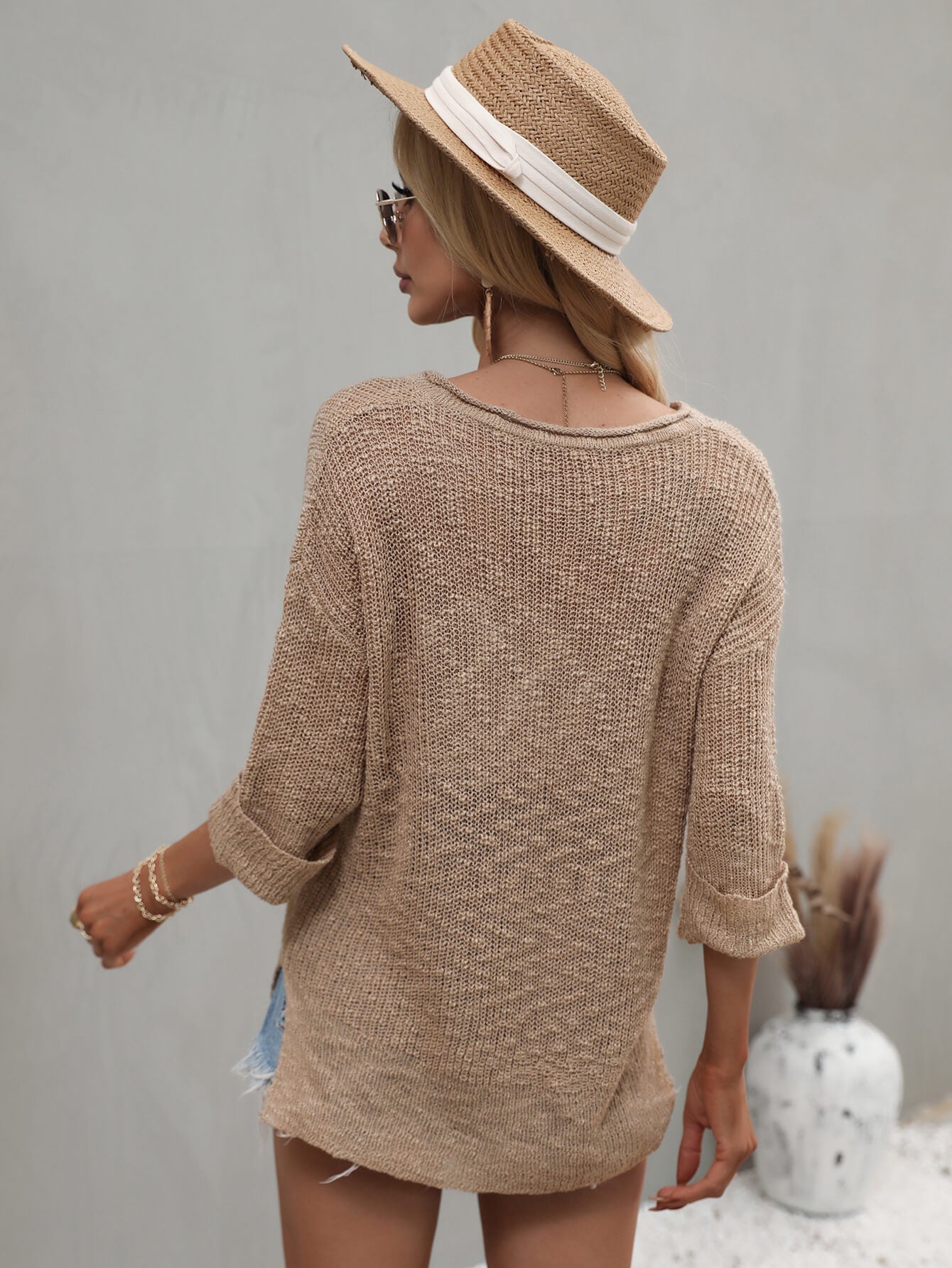 Side Slit Drop Sweater - Womens khaki sweater with notched v neckline. #Firefly Lane Boutique1