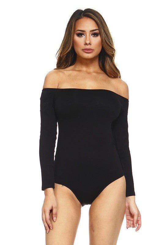 Off the Shoulder Long Sleeve Spandex Bodysuit - a black full one piece with off shoulder long sleeve. #Firefly Lane Boutique1