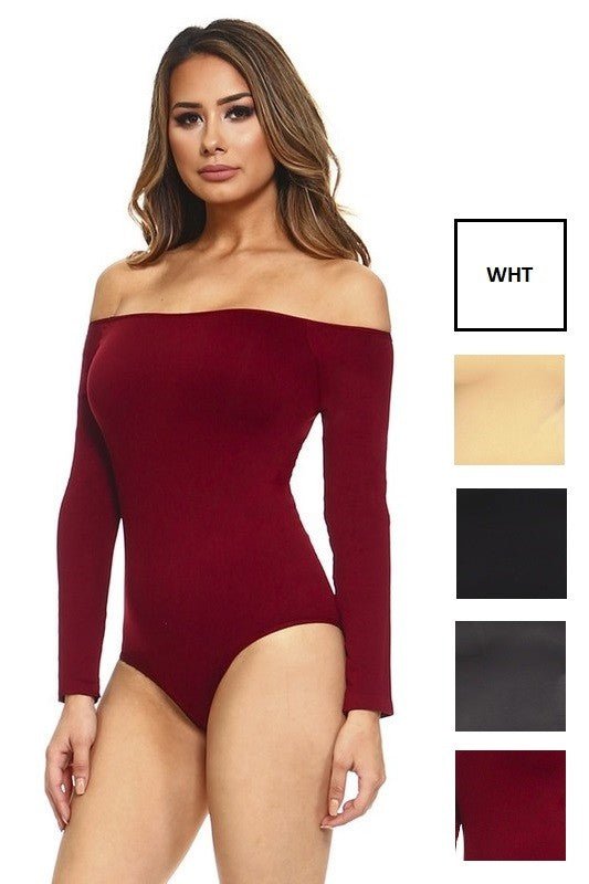 Off the Shoulder Long Sleeve Spandex Bodysuit - a red full one piece with off shoulder long sleeve. #Firefly Lane Boutique1