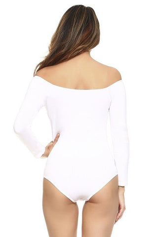 Off the Shoulder Long Sleeve Spandex Bodysuit - a white full one piece with off shoulder long sleeve. #Firefly Lane Boutique1