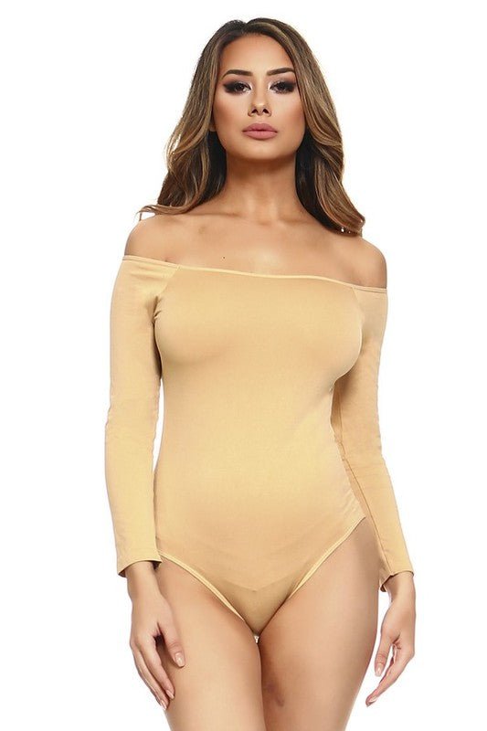 Off the Shoulder Long Sleeve Spandex Bodysuit - a beige full one piece with off shoulder long sleeve. #Firefly Lane Boutique1