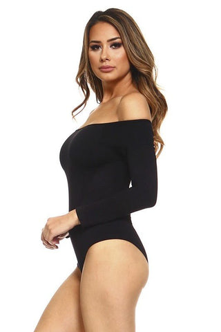 Off the Shoulder Long Sleeve Spandex Bodysuit - a black full one piece with off shoulder long sleeve. #Firefly Lane Boutique1