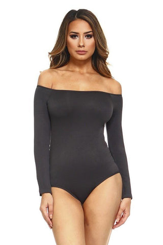 Off the Shoulder Long Sleeve Spandex Bodysuit - a gray  full one piece with off shoulder long sleeve. #Firefly Lane Boutique1