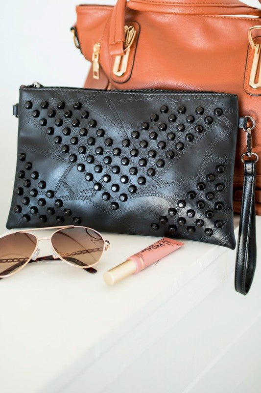 Out The Door Crossbody Studded Clutch Bag a black studded bag. Wear as clutch or crossbody bag. #Firefly Lane Boutique1