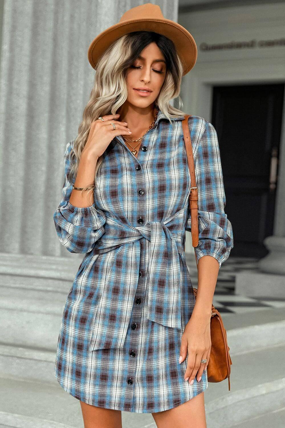 Buffalo Plaid Shirt Dress - a blue plaid shirt dress that has button front v-neck and a tie front #Firefly Lane Boutique1
