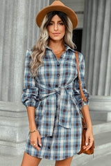 Buffalo Plaid Shirt Dress - a blue plaid shirt dress that has button front v-neck and a tie front #Firefly Lane Boutique1