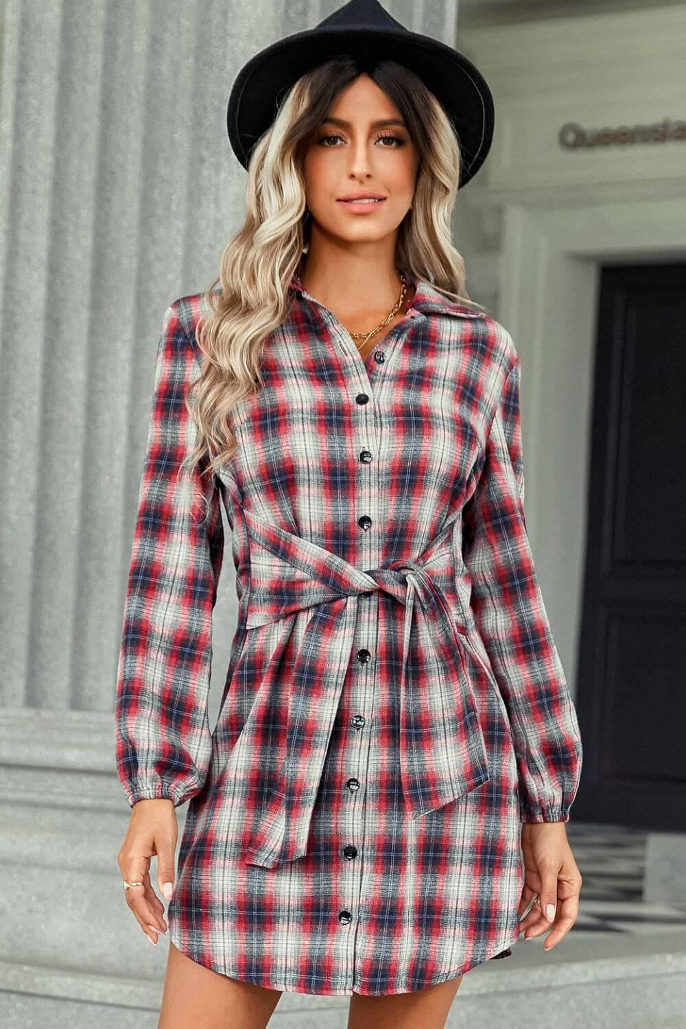 Buffalo Plaid Shirt Dress - a red  plaid dress that has button front v-neck and a tie front #Firefly Lane Boutique1