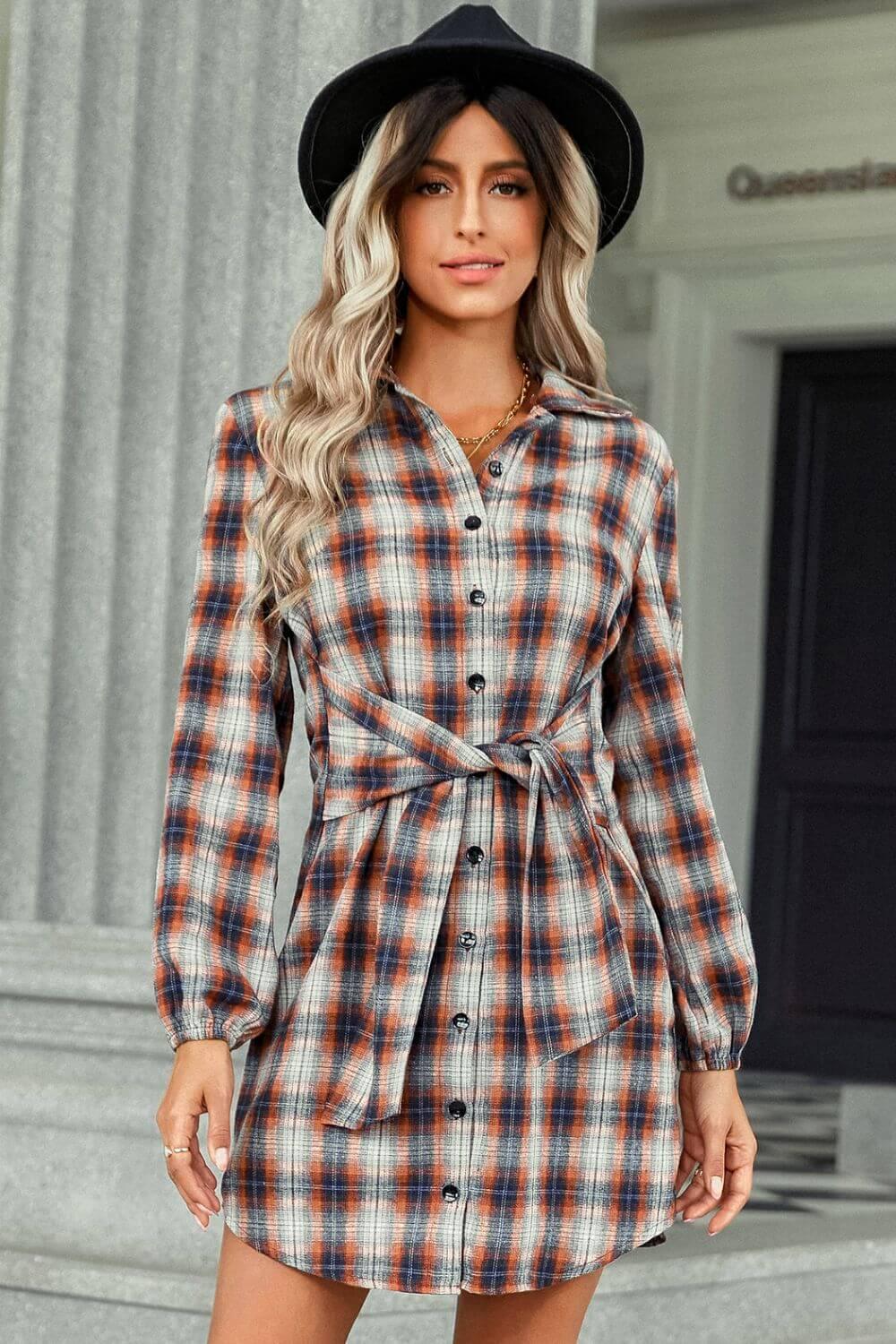 Buffalo Plaid Shirt Dress - a orange  plaid dress that has button front v-neck and a tie front #Firefly Lane Boutique1