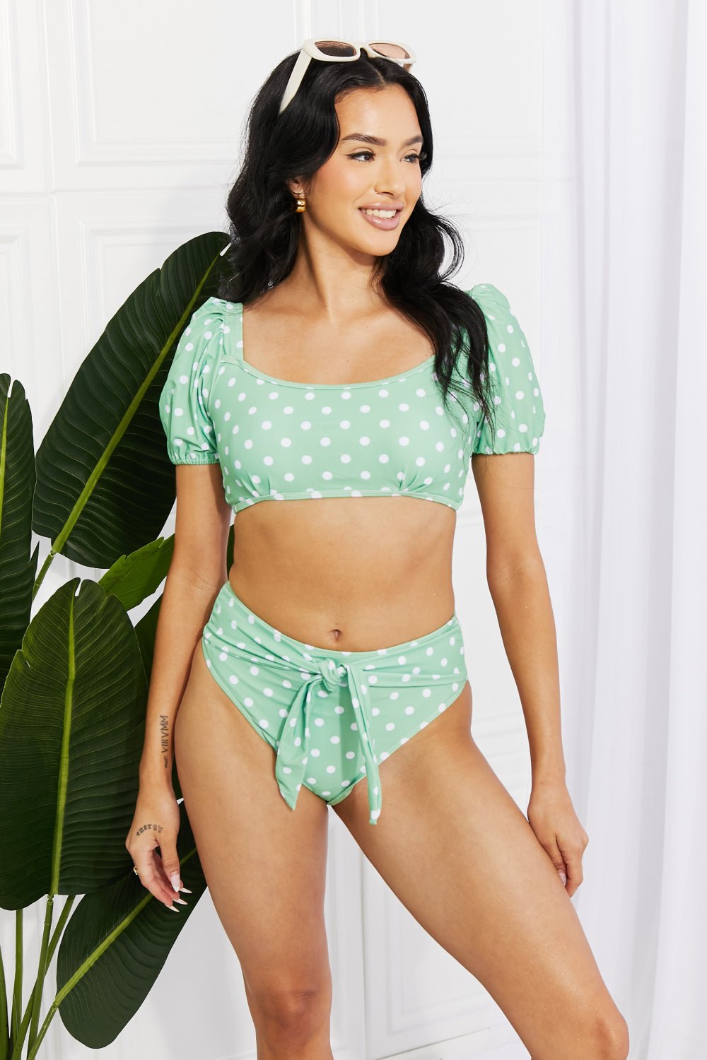 Playful Shoreline Green Polka Dot Bikini - short puff sleeve bikini top and high waist bikini bottoms #Firefly Lane Boutique1
