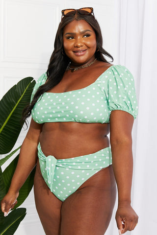 Playful Shoreline Green Polka Dot Bikini - short puff sleeve bikini top and high waist bikini bottoms #Firefly Lane Boutique1