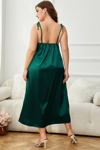 Alluring Plus Size Satin Slip Dress - dark green satin midi dress with cami straps and v neck. #Firefly Lane Boutique1