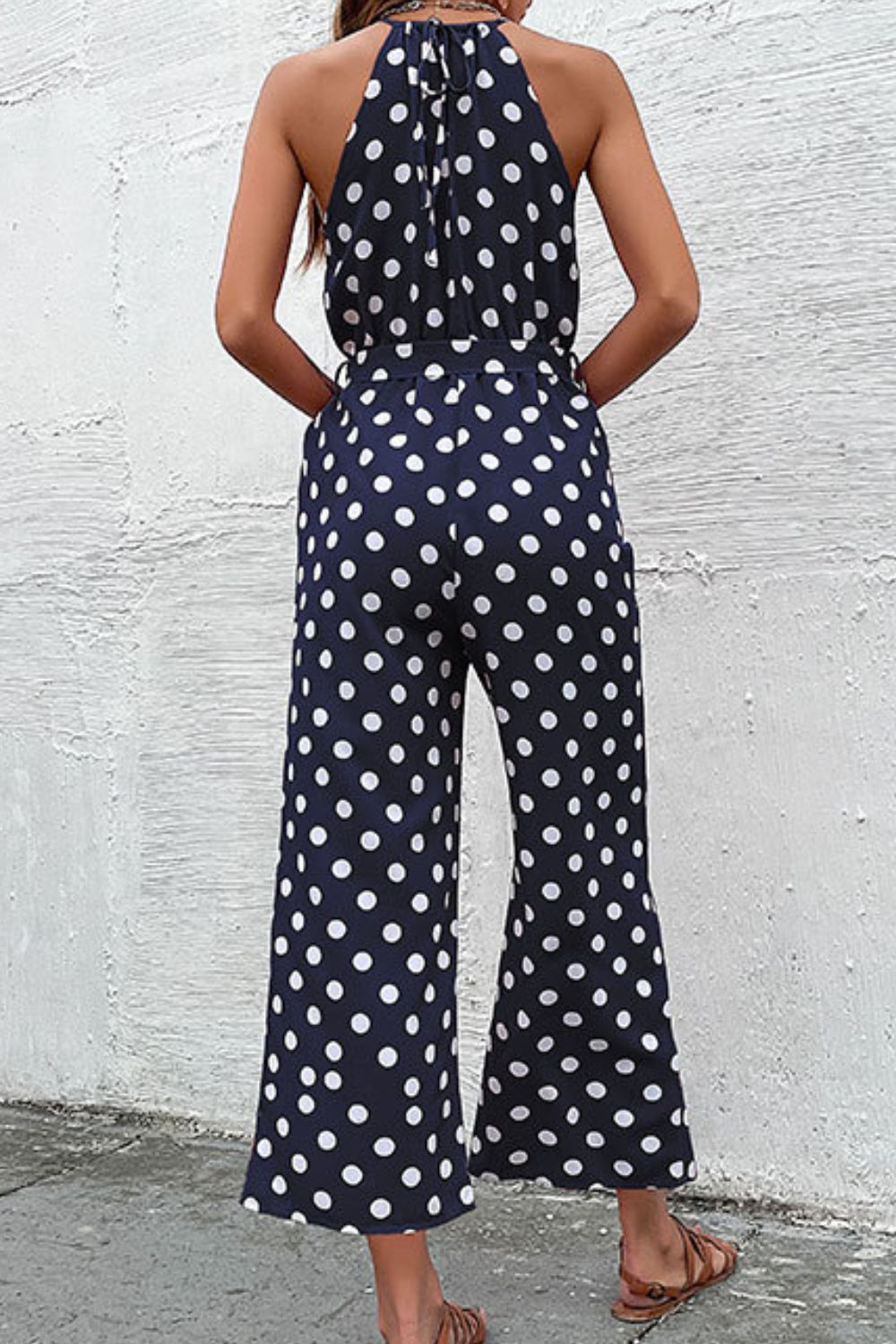 Polka Dot Halter Wide Leg Jumpsuit - navy blue polka dot jumpsuit with tie waist and wide leg. #Firefly Lane Boutique1