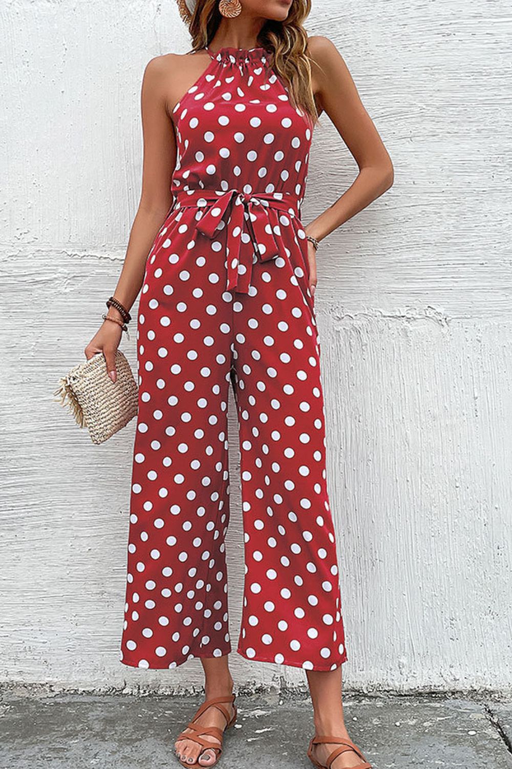 Polka Dot Halter Wide Leg Jumpsuit - red polka dot jumpsuit with tie waist and wide leg. #Firefly Lane Boutique1
