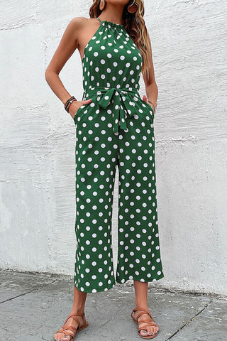 Polka Dot Halter Wide Leg Jumpsuit - green polka dot jumpsuit with tie waist and wide leg. #Firefly Lane Boutique1