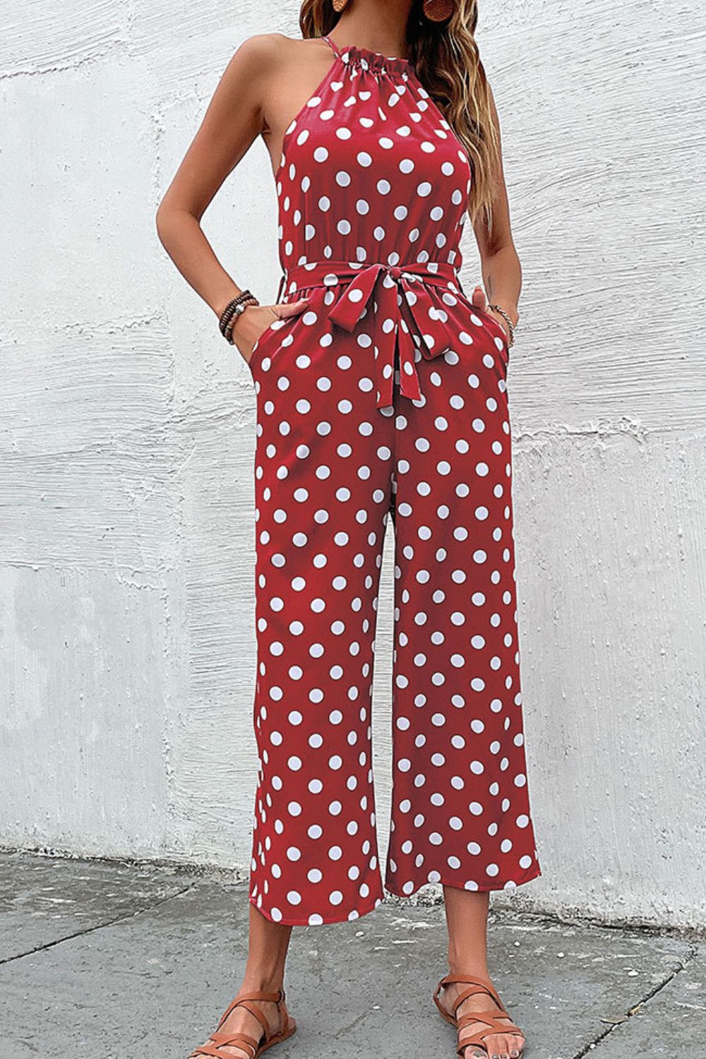Polka Dot Halter Wide Leg Jumpsuit - red polka dot jumpsuit with tie waist and wide leg. #Firefly Lane Boutique1