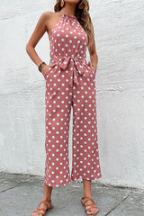 Polka Dot Halter Wide Leg Jumpsuit - pink polka dot jumpsuit with tie waist and wide leg. #Firefly Lane Boutique1