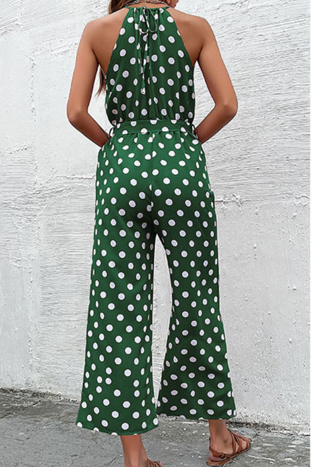 Polka Dot Halter Wide Leg Jumpsuit - green polka dot jumpsuit with tie waist and wide leg. #Firefly Lane Boutique1