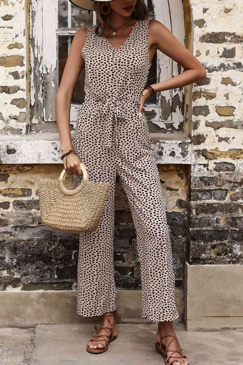 Printed Tie Front Sleeveless Jumpsuit #Firefly Lane Boutique1