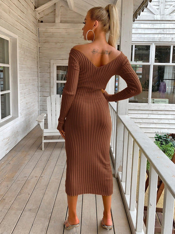 One Step Closer Ribbed Sweater Dress -  brown midi sweater dress with v neck and long sleeves #Firefly Lane Boutique1