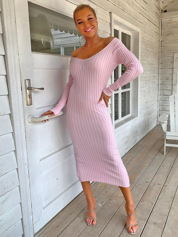 One Step Closer Ribbed Sweater Dress -  sweater dress pink with v neck and long sleeves #Firefly Lane Boutique1