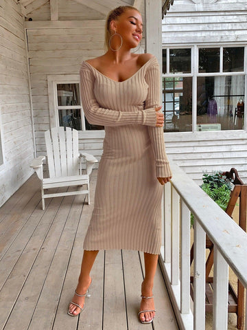 One Step Closer Ribbed Sweater Dress - khaki sweater dress midi with v neck and long sleeves #Firefly Lane Boutique1