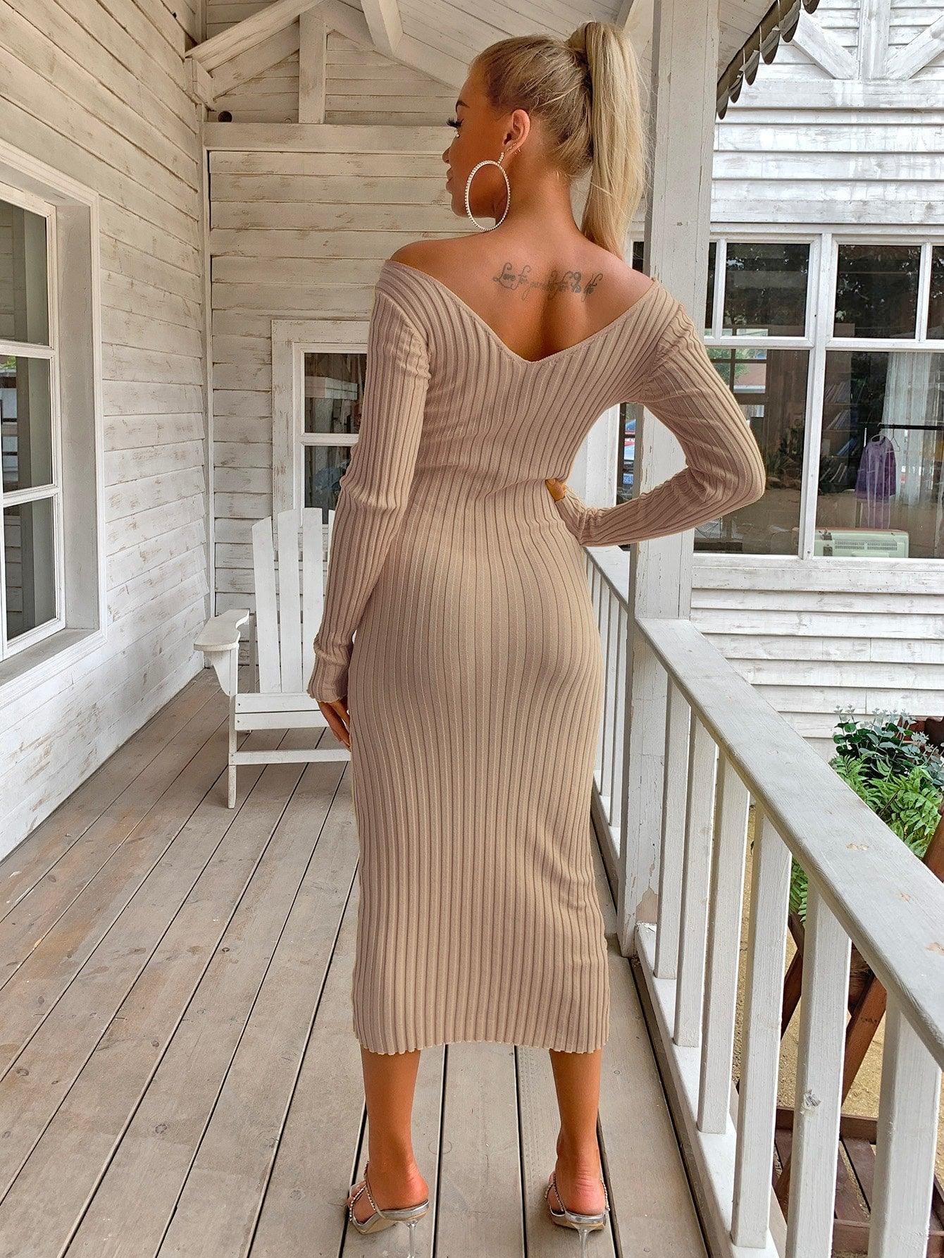 One Step Closer Ribbed Sweater Dress - khaki sweater dress midi with v neck and long sleeves #Firefly Lane Boutique1