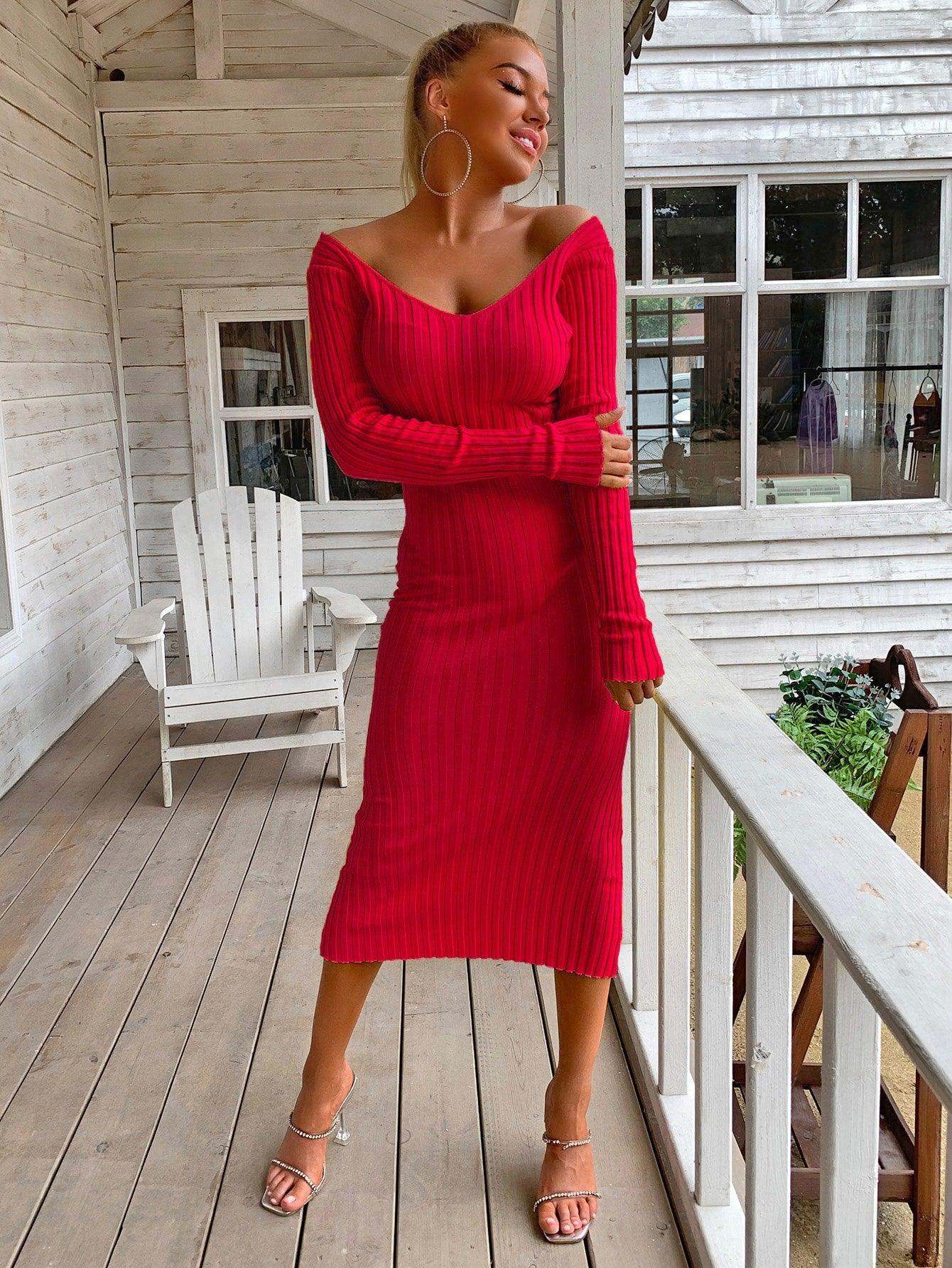One Step Closer Ribbed Sweater Dress - midi red sweater dress with v neck and long sleeves. #Firefly Lane Boutique1