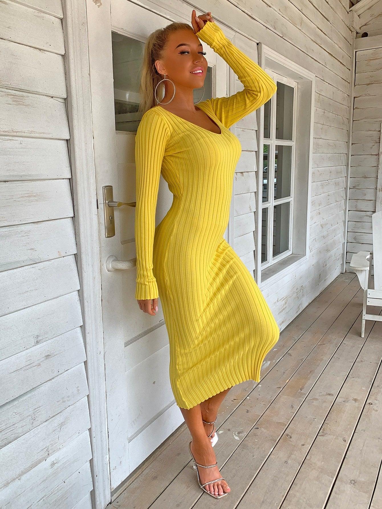 One Step Closer Ribbed Sweater Dress - mustard yellow sweater dress with v neck and long sleeves #Firefly Lane Boutique1