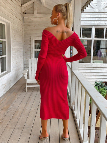 One Step Closer Ribbed Sweater Dress - midi red sweater dress with v neck and long sleeves. #Firefly Lane Boutique1