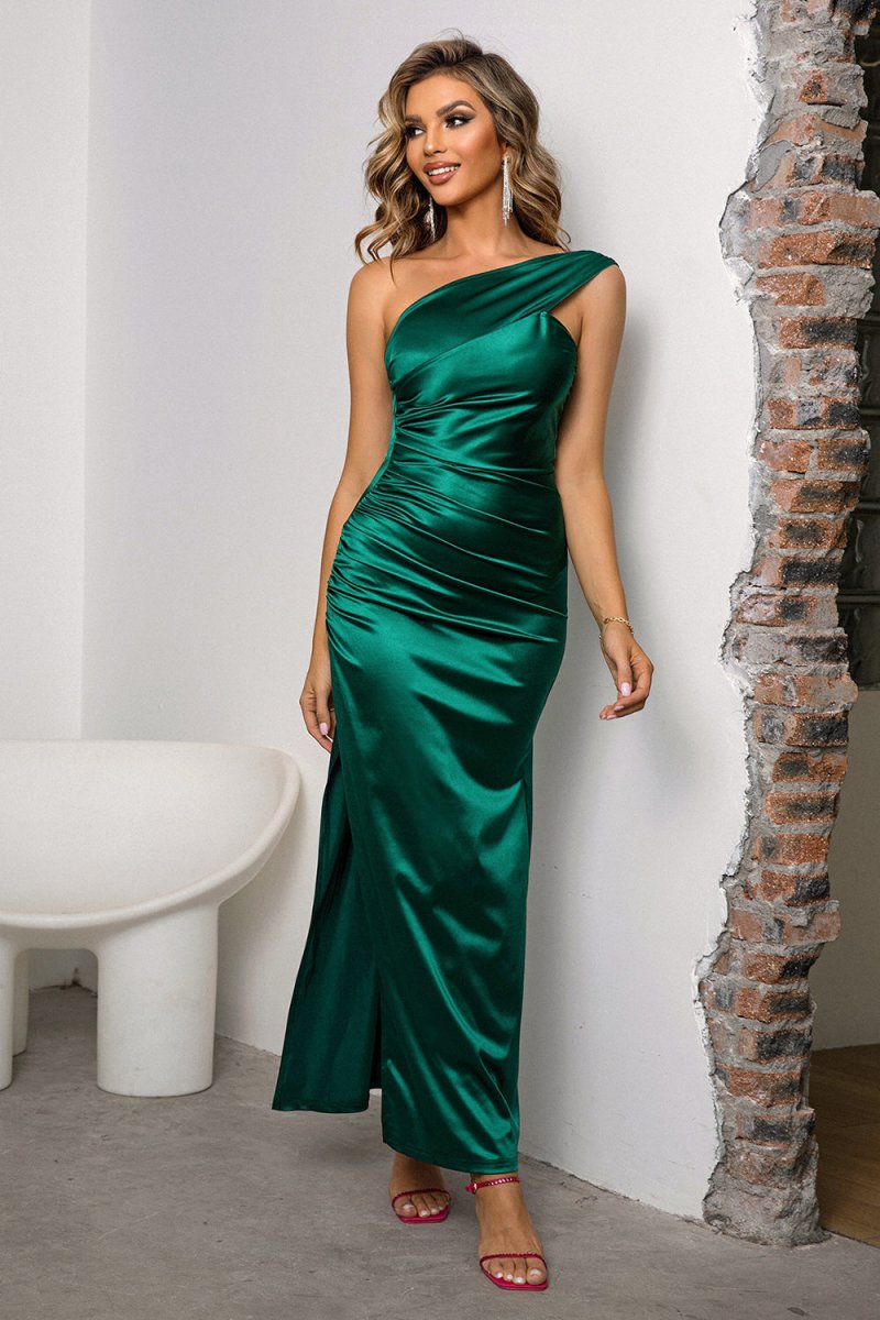 Shoulder Spotlight Green Satin Maxi Dress #Firefly Lane Boutique1