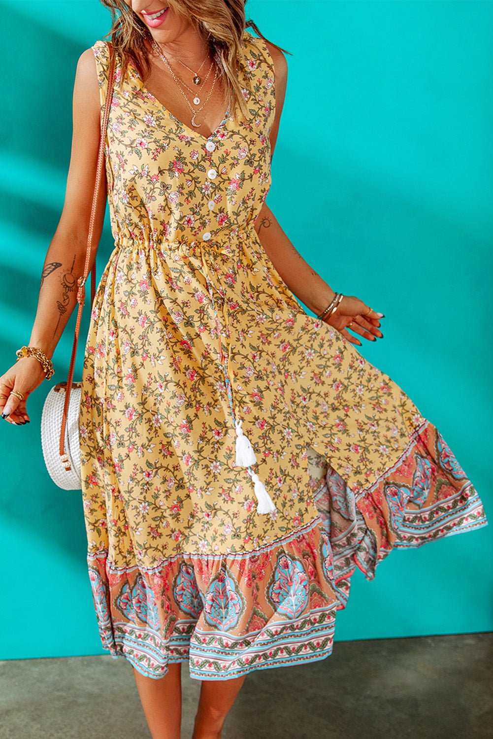 Sip Of Summer Tassel Boho Dress Midi - Yellow boho dress that has a v neck and decorative buttons. #Firefly Lane Boutique1
