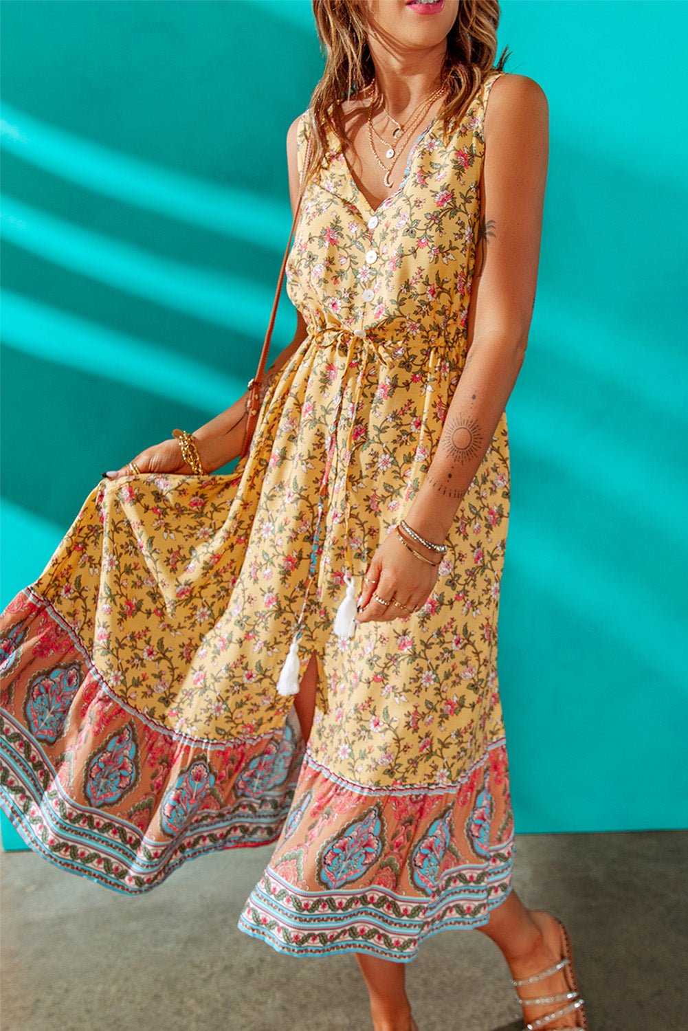 Sip Of Summer Tassel Boho Dress Midi - Yellow boho dress that has a v neck and decorative buttons. #Firefly Lane Boutique1