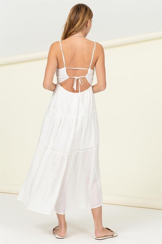Smocked Sweetheart Tie Back Midi Dress - white midi dress with a tiered ruffle hem. #Firefly Lane Boutique1
