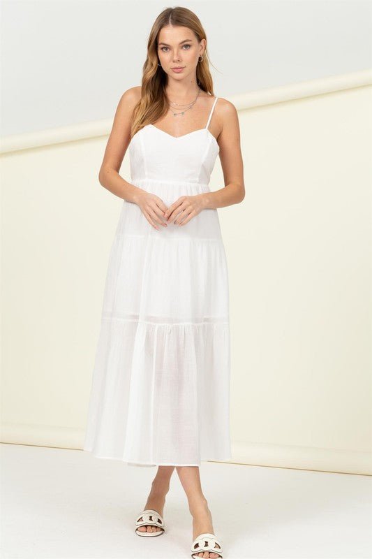 Smocked Sweetheart Tie Back Midi Dress - white midi dress with a tiered ruffle hem. #Firefly Lane Boutique1