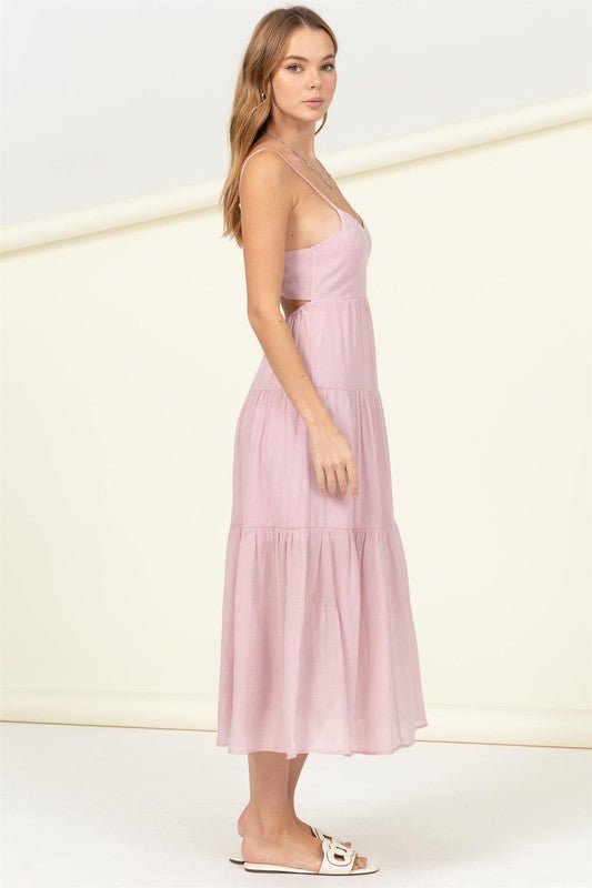 Smocked Sweetheart Tie Back Midi Dress - pink midi dress with a tiered ruffle hem. #Firefly Lane Boutique1