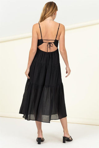 Smocked Sweetheart Tie Back Midi Dress - black midi dress with a tiered ruffle hem. #Firefly Lane Boutique1
